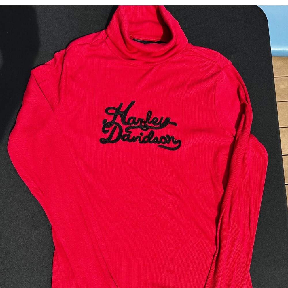 Harley Davidson Womens Red Ribbed Turtleneck Long Sleeve Script Logo Top Small